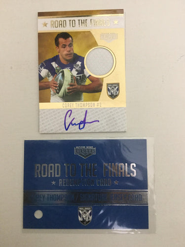 2015 TLA NRL Elite Road to the Finals Jersey Signature Card Corey Thompson Bulldogs RFS1 #12/50